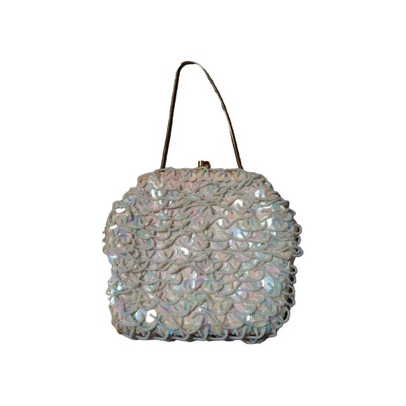 Clutch Evening Bag White Bead Sequin Vintage Wire Strap Hong Kong - Picture 1 of 10